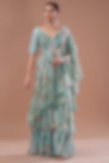 Eco Green Chiffon Printed Pre-Stitched Frilled Wedding Saree Set by Yashodhara at Pernia's Pop Up Shop