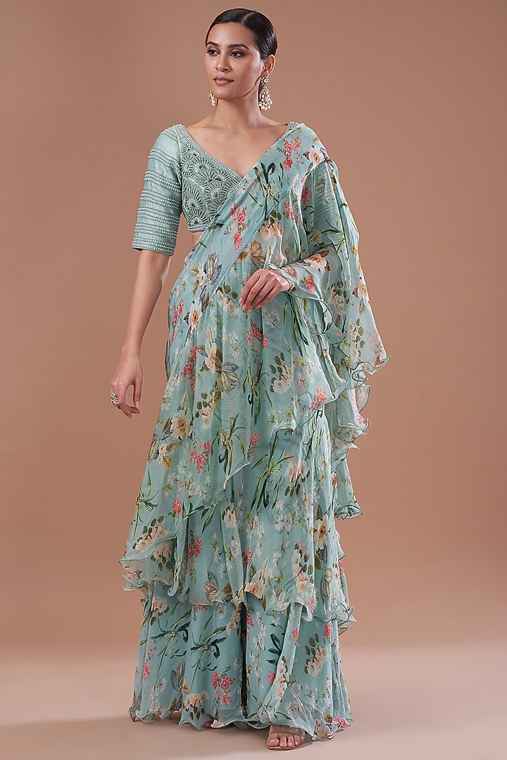 Eco Green Chiffon Printed Pre-Stitched Frilled Wedding Saree Set by Yashodhara at Pernia's Pop Up Shop