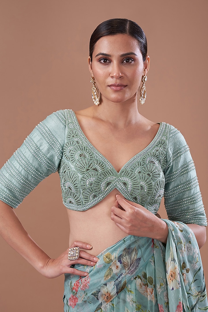 Eco Green Chiffon Printed Pre-Stitched Frilled Wedding Saree Set by Yashodhara at Pernia's Pop Up Shop