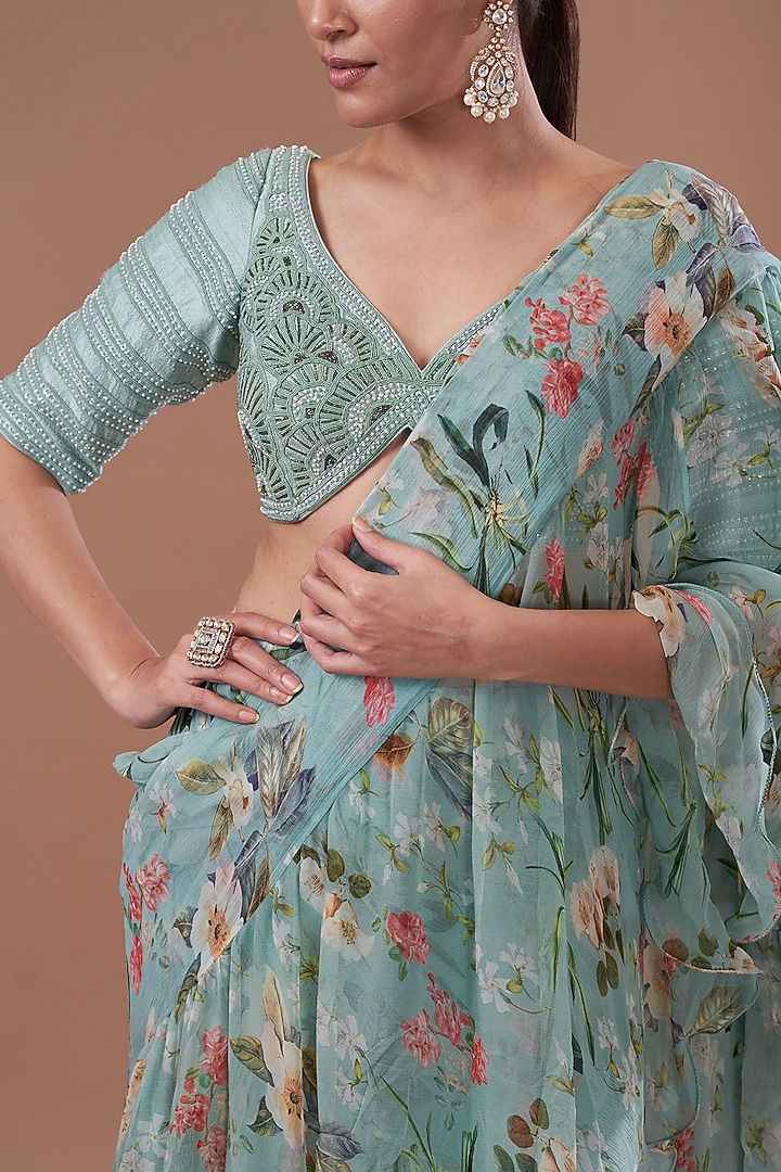 Eco Green Chiffon Printed Pre-Stitched Frilled Wedding Saree Set by Yashodhara at Pernia's Pop Up Shop