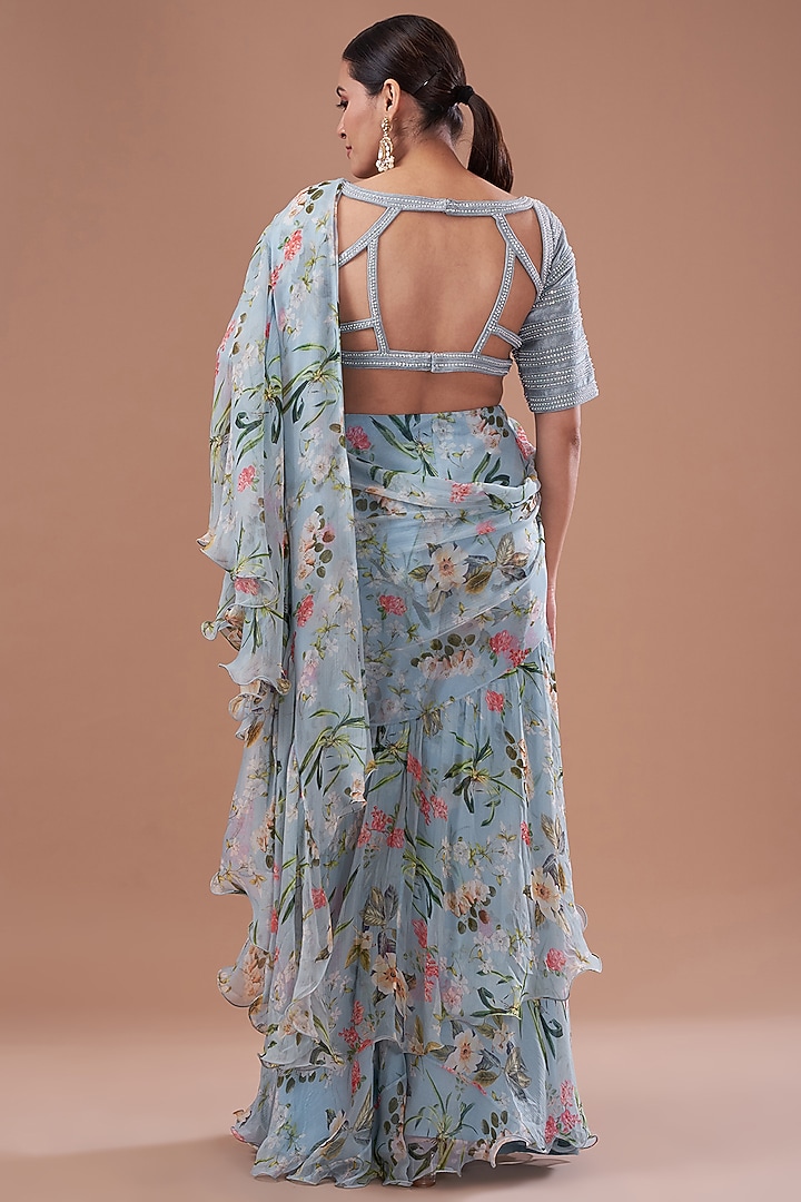 Light Blue Chiffon Printed Pre-Stitched Frilled Wedding Saree Set by Yashodhara at Pernia's Pop Up Shop