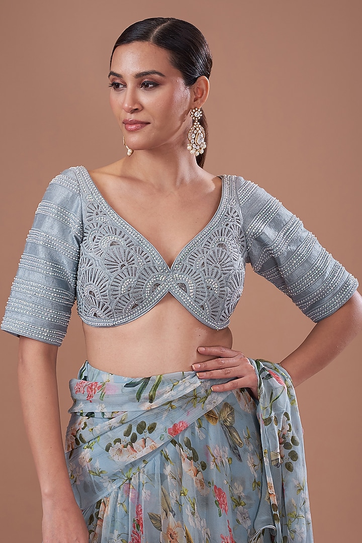 Light Blue Chiffon Printed Pre-Stitched Frilled Wedding Saree Set by Yashodhara at Pernia's Pop Up Shop
