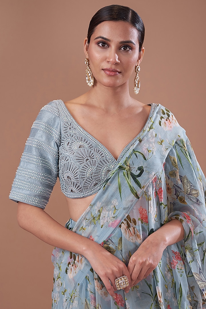 Light Blue Chiffon Printed Pre-Stitched Frilled Wedding Saree Set by Yashodhara at Pernia's Pop Up Shop
