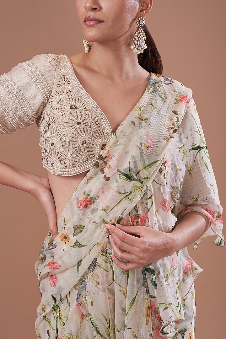 Grey Chiffon Printed Pre-Stitched Frilled Wedding Saree Set by Yashodhara at Pernia's Pop Up Shop