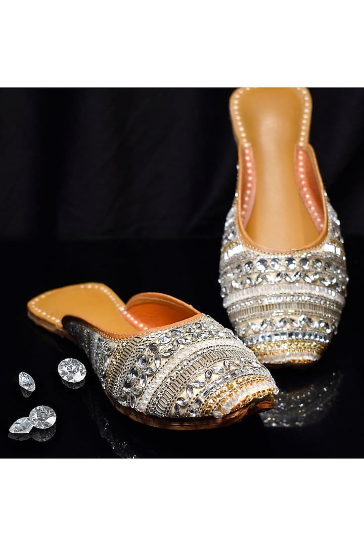 Gold Genuine Leather Mirror Embroidered Mules by YASSIO