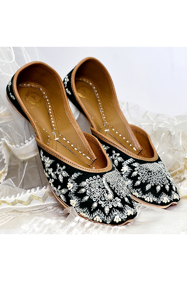 Black Genuine Leather & Velvet Embroidered Jutti by YASSIO