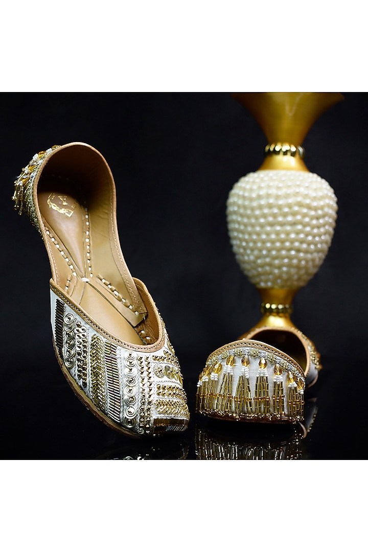 Gold Genuine Leather & Velvet Pearl Embroidered Jutti by YASSIO
