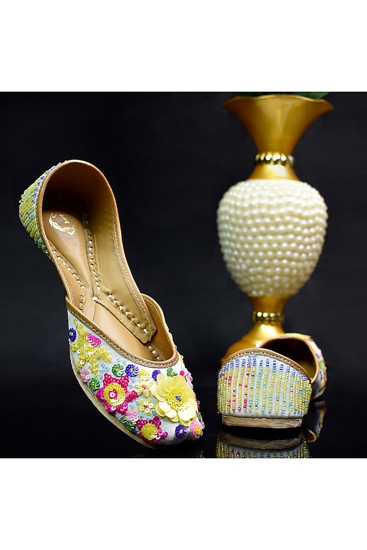 Gold Genuine Leather & Silk Embroidered Jutti by YASSIO