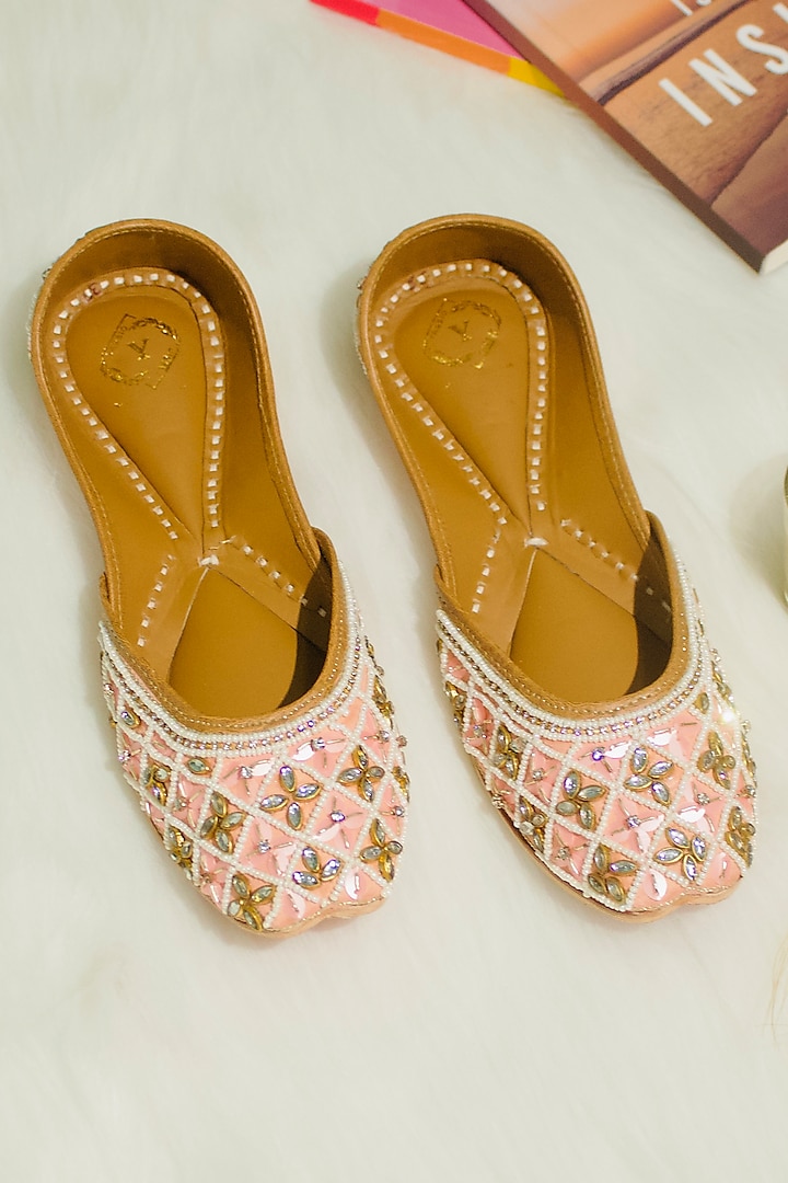 Pink Silk Floral Embroidered Juttis by YASSIO