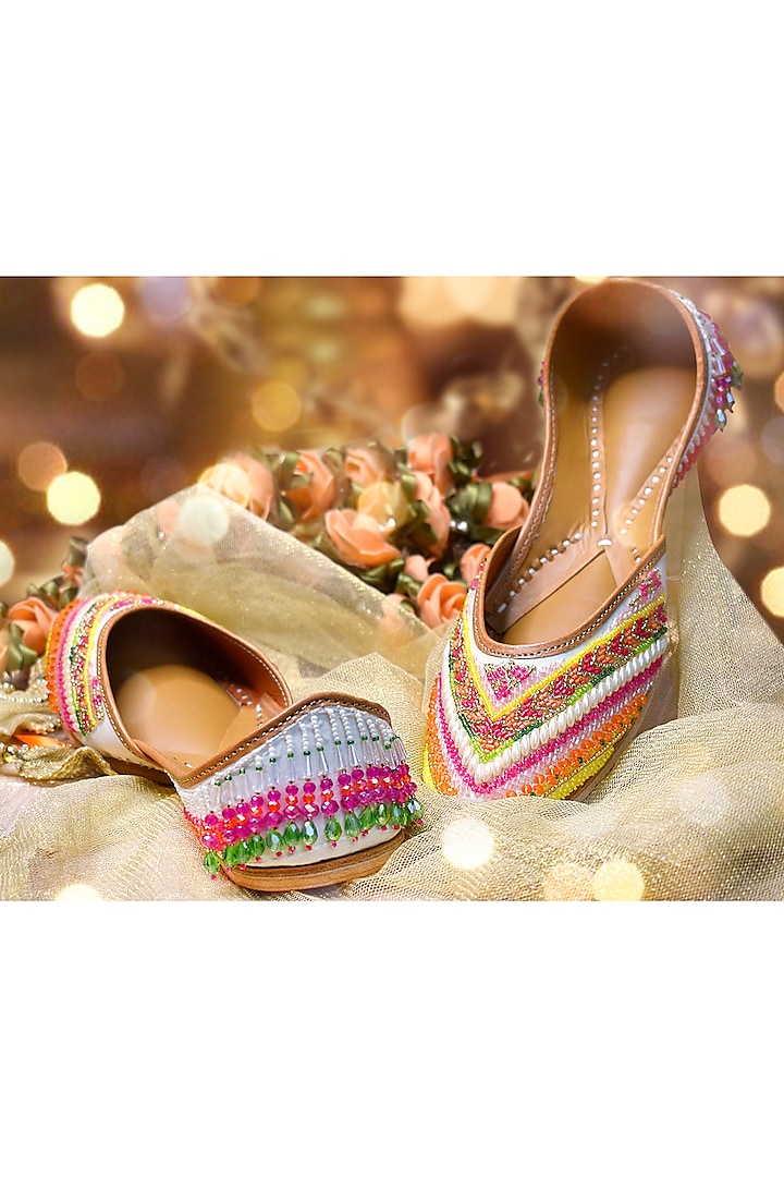 Multi-Colored Silk Crystal Embroidered Juttis by YASSIO