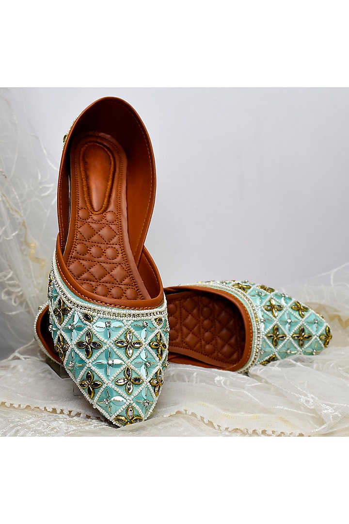 Turquoise Silk Bead Embroidered Juttis by YASSIO