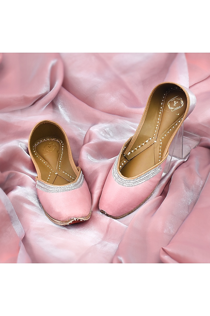 Rose Pink Satin Silver Thread Embroidered Juttis by YASSIO at Pernia's Pop Up Shop