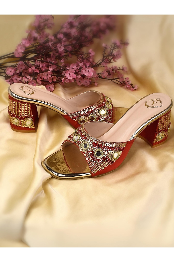 Red Silk Zardosi & Mirror Embroidered Heels by YASSIO at Pernia's Pop Up Shop