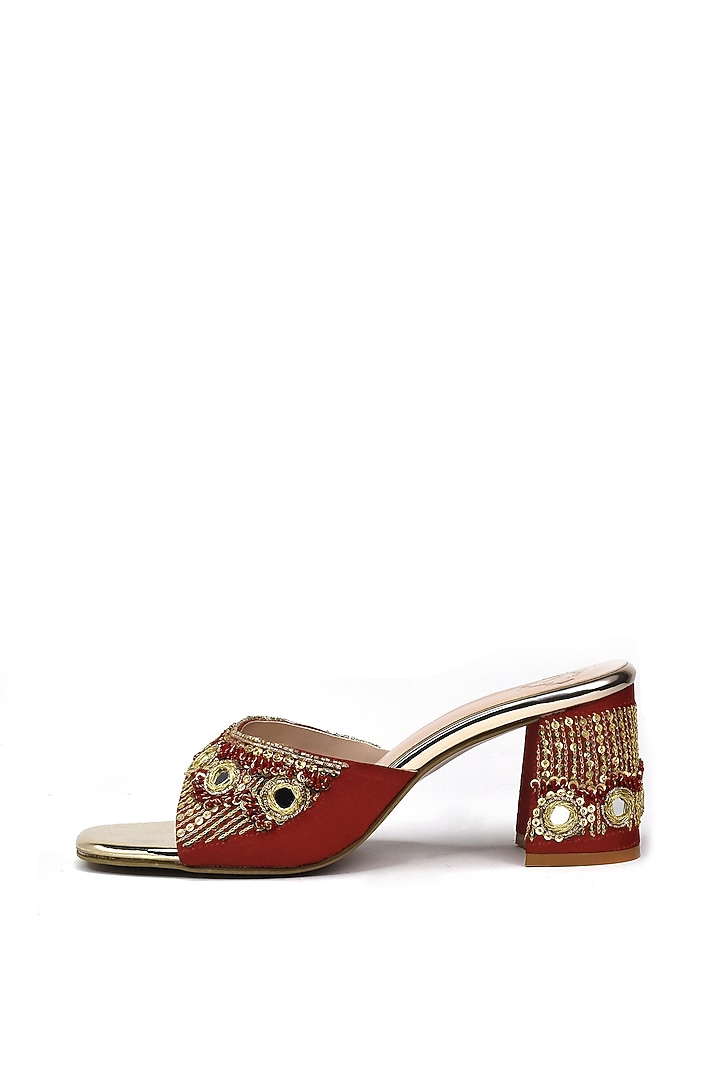 Red Silk Zardosi & Mirror Embroidered Heels by YASSIO at Pernia's Pop Up Shop