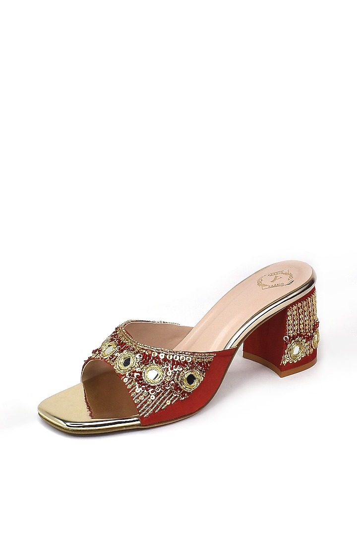 Red Silk Zardosi & Mirror Embroidered Heels by YASSIO at Pernia's Pop Up Shop