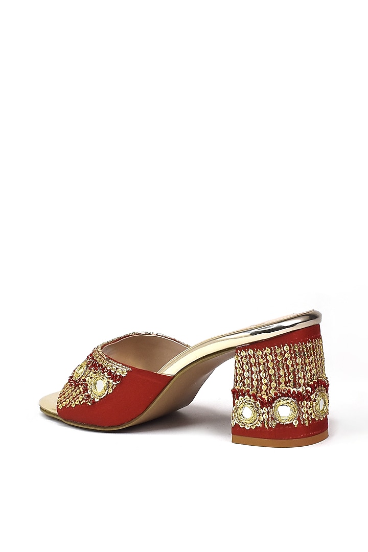 Red Silk Zardosi & Mirror Embroidered Heels by YASSIO at Pernia's Pop Up Shop