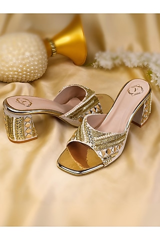 Golden Silk Bead & Mirror Embroidered Heels by YASSIO