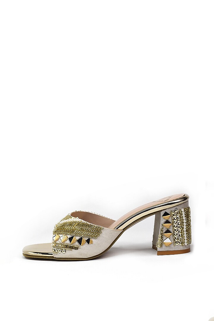 Golden Silk Bead & Mirror Embroidered Heels by YASSIO at Pernia's Pop Up Shop