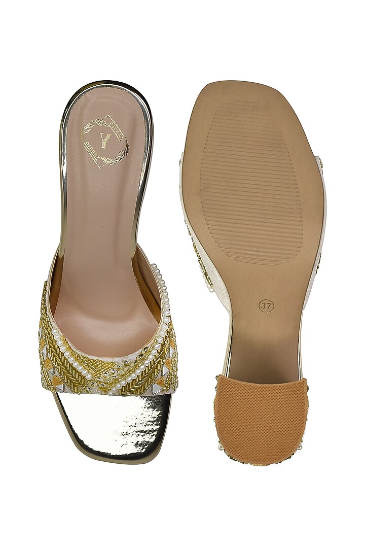 Golden Silk Bead & Mirror Embroidered Heels by YASSIO at Pernia's Pop Up Shop