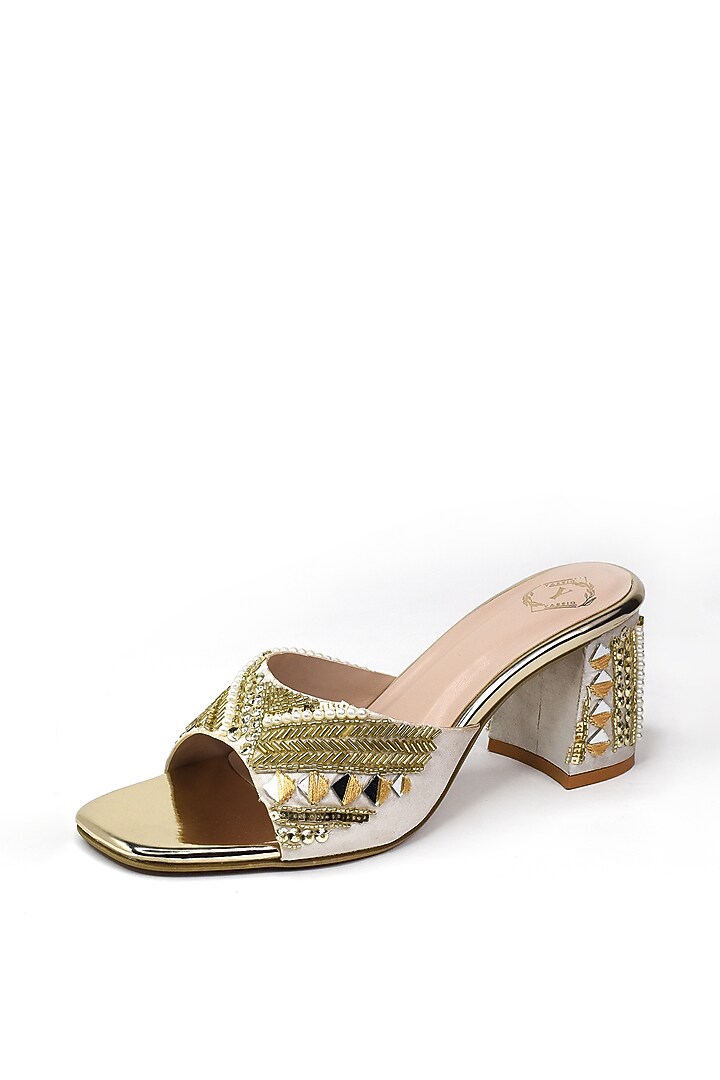 Golden Silk Bead & Mirror Embroidered Heels by YASSIO at Pernia's Pop Up Shop