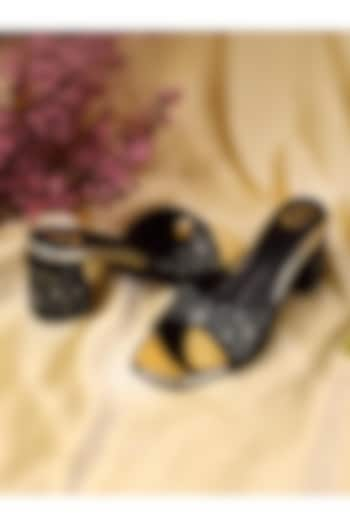 Black Velvet Floral Embroidered Heels by YASSIO at Pernia's Pop Up Shop