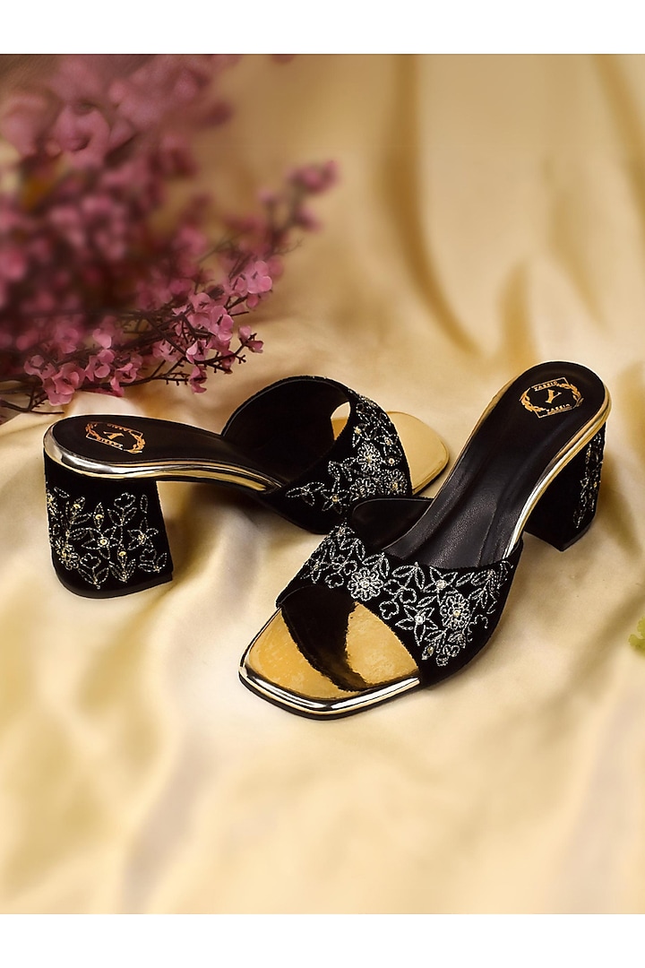 Black Velvet Floral Embroidered Heels by YASSIO at Pernia's Pop Up Shop