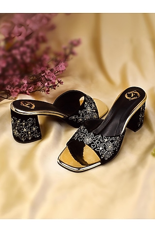 Black Velvet Floral Embroidered Heels by YASSIO