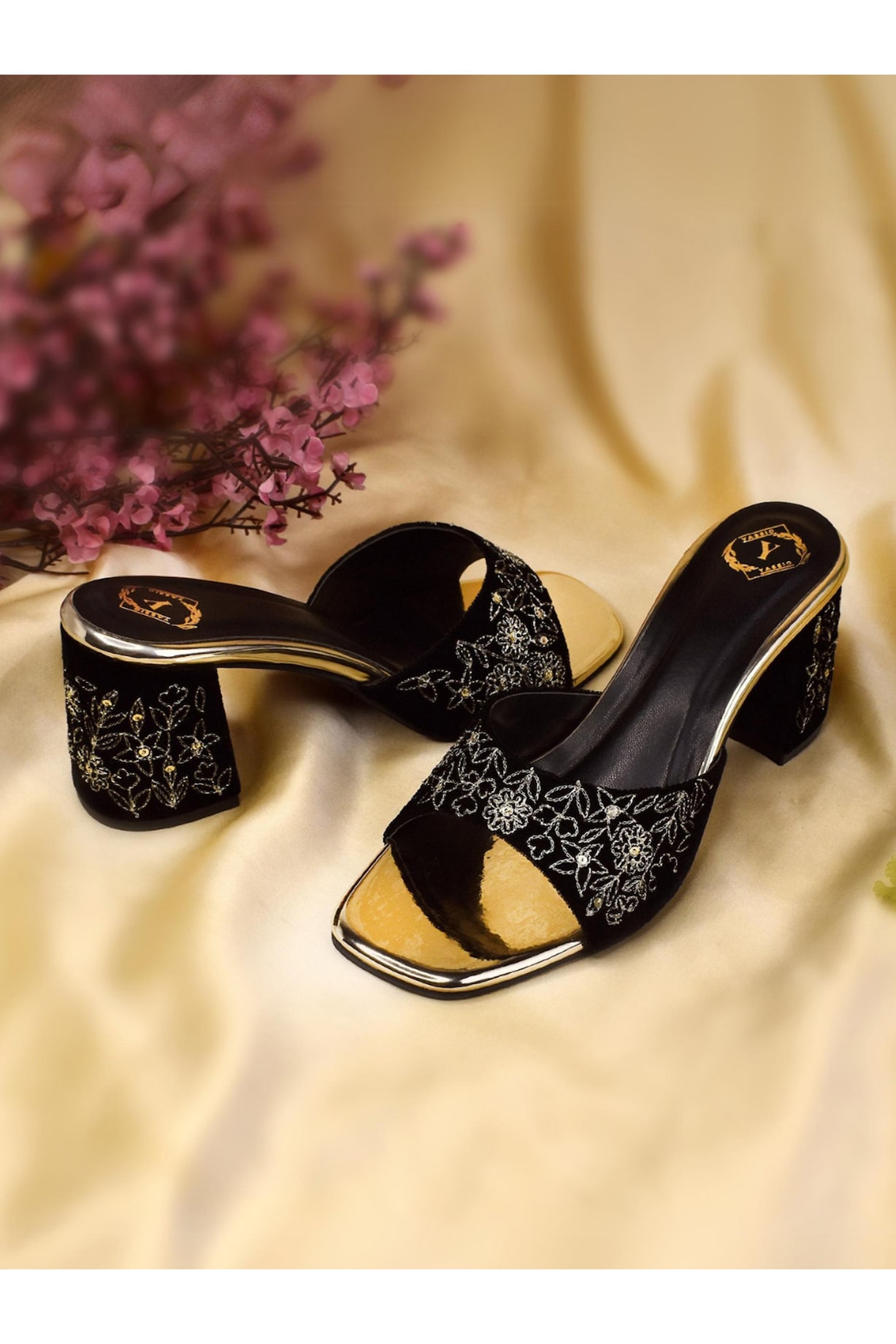 Black Velvet Floral Embroidered Heels by YASSIO at Pernia's Pop Up Shop