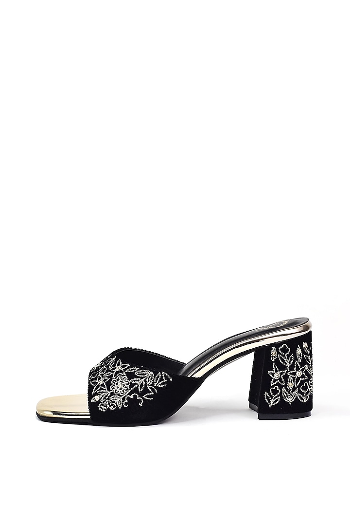 Black Velvet Floral Embroidered Heels by YASSIO at Pernia's Pop Up Shop