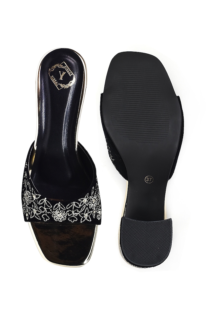 Black Velvet Floral Embroidered Heels by YASSIO at Pernia's Pop Up Shop