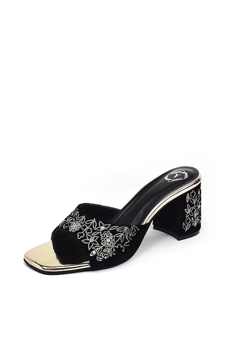 Black Velvet Floral Embroidered Heels by YASSIO at Pernia's Pop Up Shop