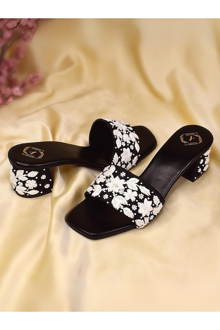 Black Silk Pearl Embroidered Heels by YASSIO at Pernia's Pop Up Shop