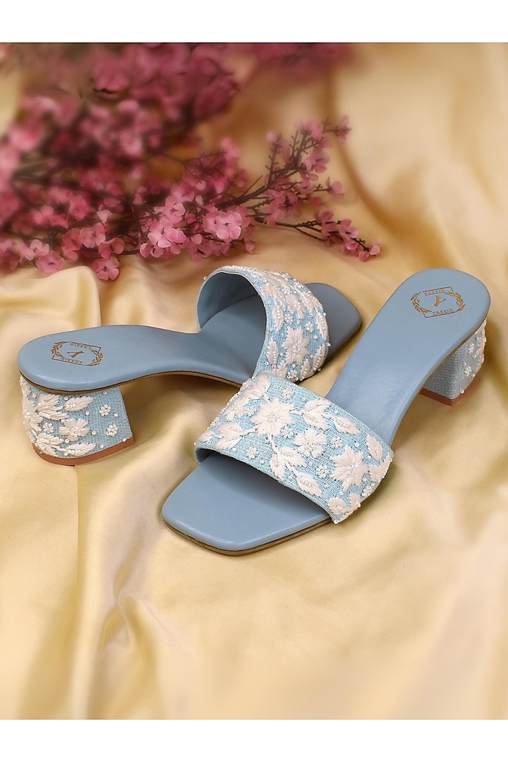 Sky Blue Silk Pearl Embroidered Heels by YASSIO at Pernia's Pop Up Shop