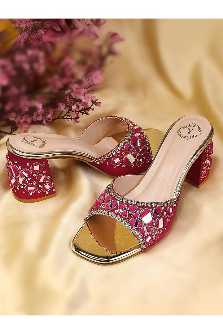 Rani Pink Silk Zardosi & Mirror Embroidered Heels by YASSIO at Pernia's Pop Up Shop