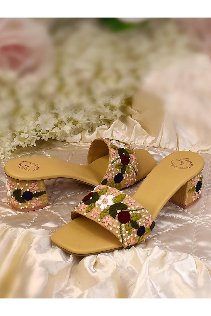 Tan Silk Embroidered Heels by YASSIO at Pernia's Pop Up Shop