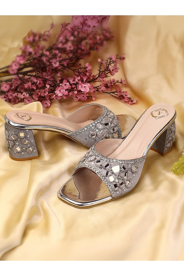 Silver Silk Zardosi & Mirror Embroidered Heels by YASSIO at Pernia's Pop Up Shop