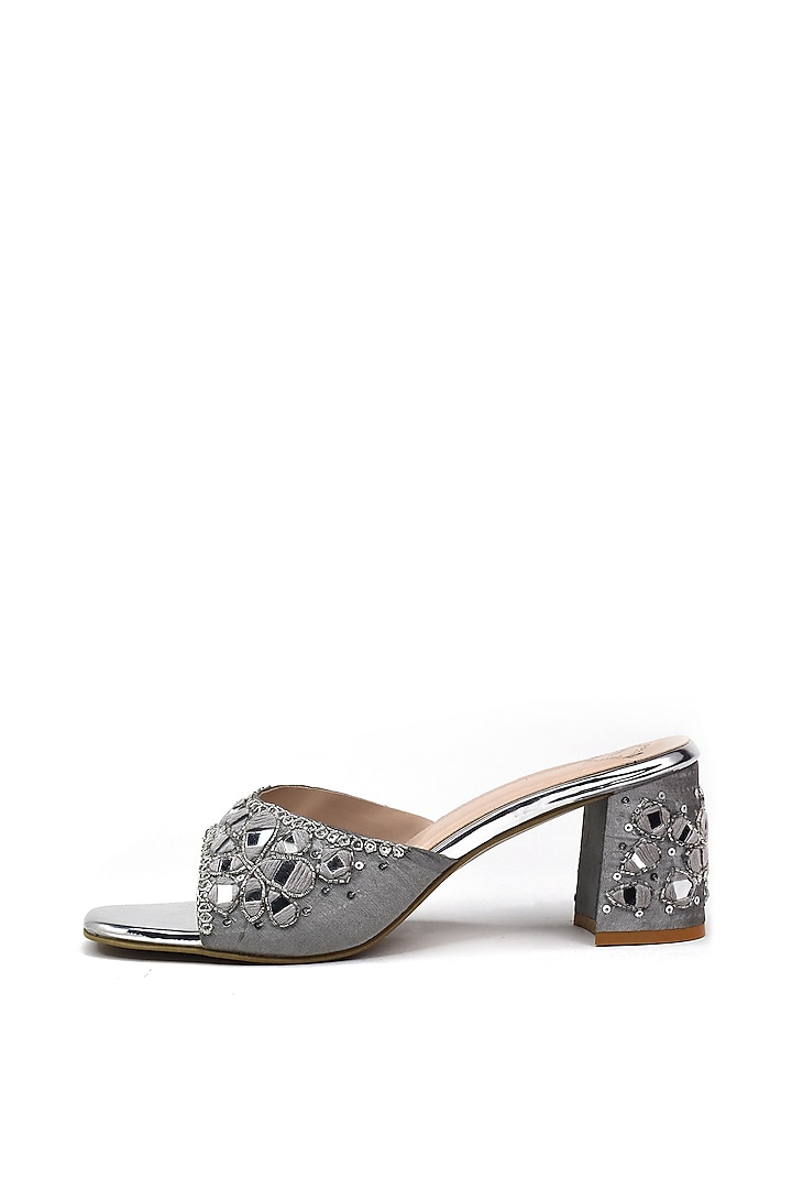 Silver Silk Zardosi & Mirror Embroidered Heels by YASSIO at Pernia's Pop Up Shop