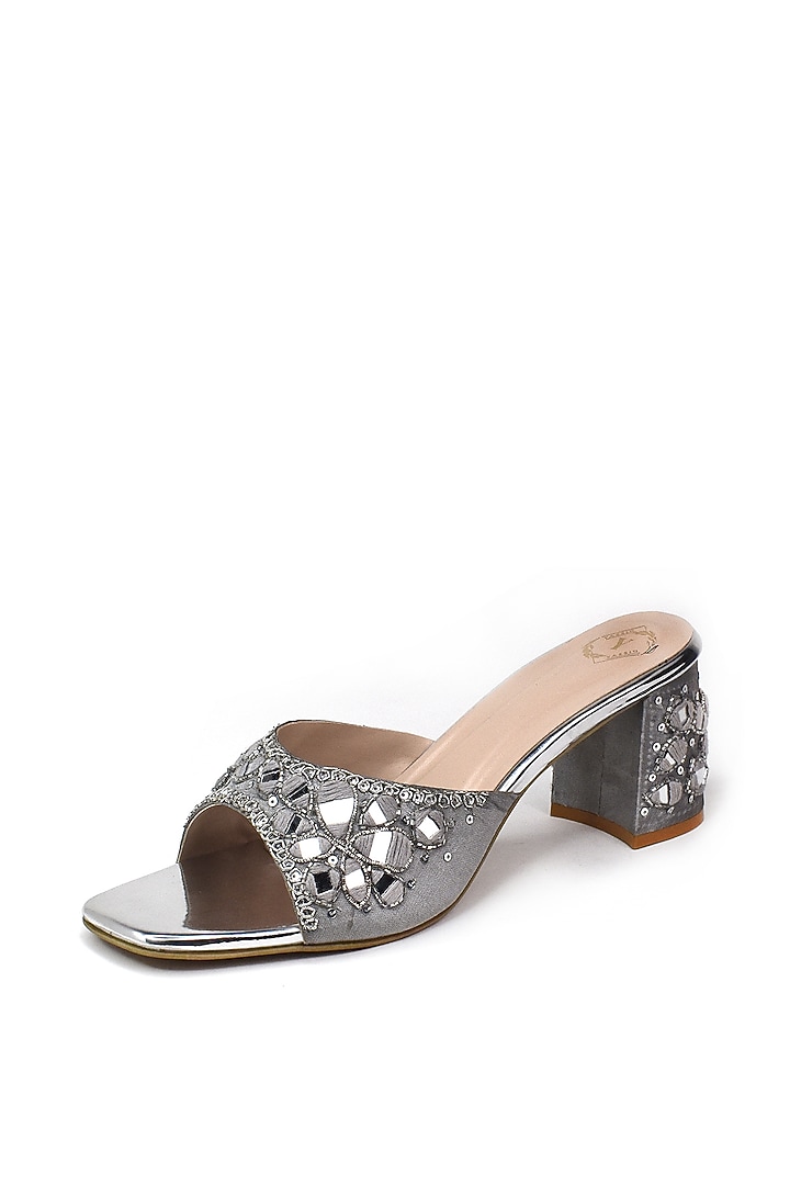 Silver Silk Zardosi & Mirror Embroidered Heels by YASSIO at Pernia's Pop Up Shop