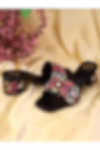 Black Silk Floral Embroidered Heels by YASSIO at Pernia's Pop Up Shop