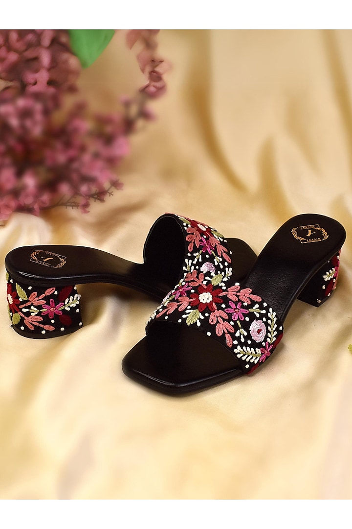 Black Silk Floral Embroidered Heels by YASSIO at Pernia's Pop Up Shop