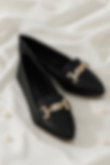 Black Satin Synthetic Vegan Leather Embellished Ballerinas by YASSIO at Pernia's Pop Up Shop