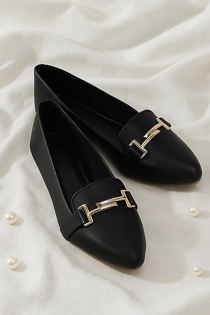 Black Satin Synthetic Vegan Leather Embellished Ballerinas by YASSIO at Pernia's Pop Up Shop