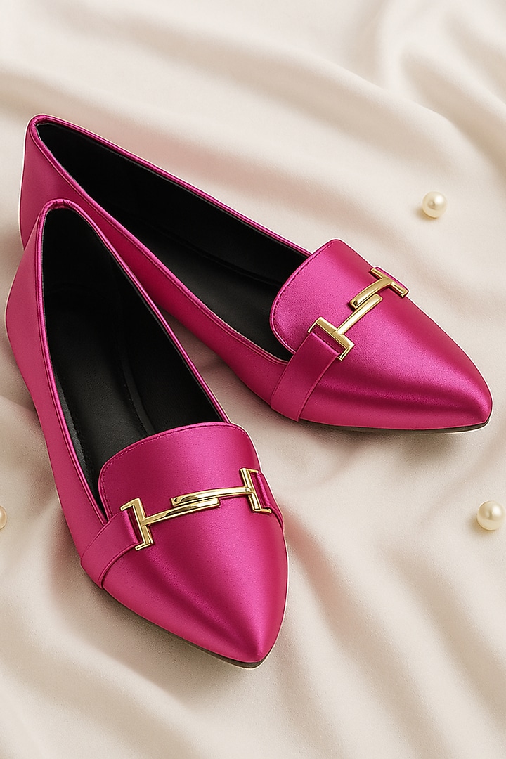 Pink Satin Synthetic Vegan Leather Embellished Ballerinas by YASSIO at Pernia's Pop Up Shop