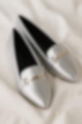 Silver Satin Synthetic Vegan Leather Embellished Ballerinas by YASSIO at Pernia's Pop Up Shop