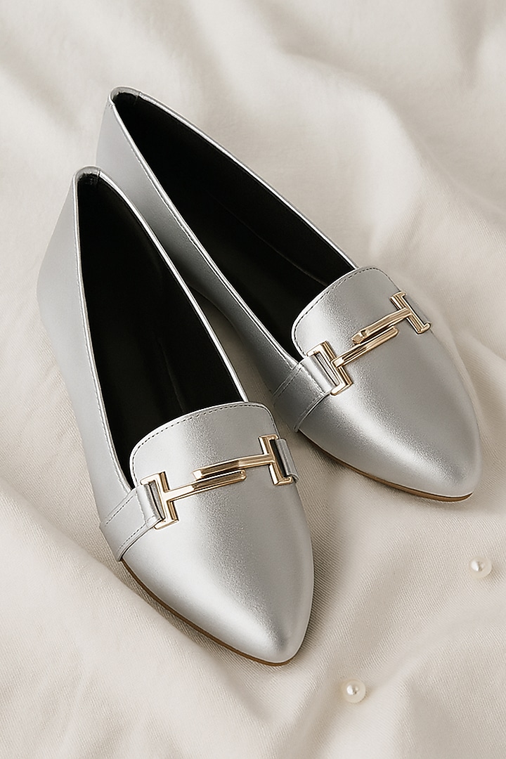 Silver Satin Synthetic Vegan Leather Embellished Ballerinas by YASSIO at Pernia's Pop Up Shop