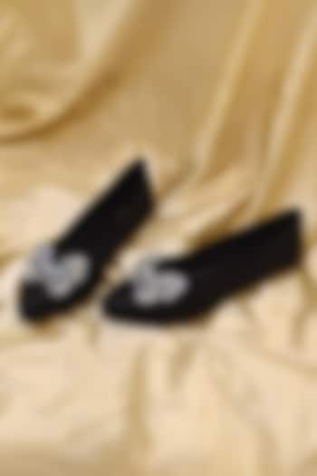 Black Satin Synthetic Vegan Leather Embellished Ballerinas by YASSIO at Pernia's Pop Up Shop