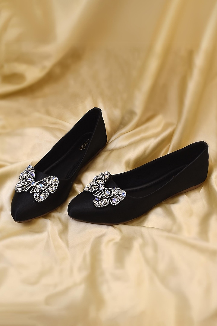 Black Satin Synthetic Vegan Leather Embellished Ballerinas by YASSIO at Pernia's Pop Up Shop
