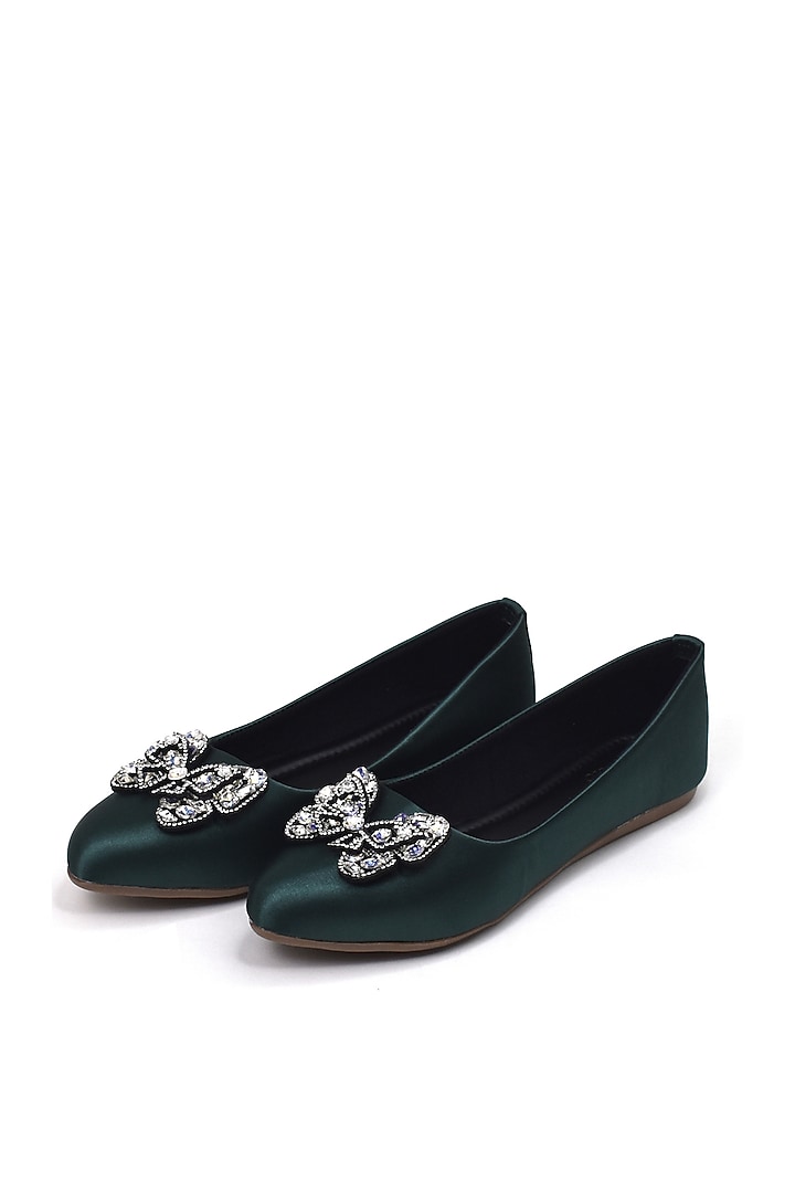 Green Satin Synthetic Vegan Leather Embellished Ballerinas by YASSIO at Pernia's Pop Up Shop