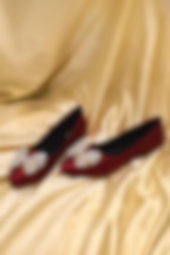 Maroon Satin Synthetic Vegan Leather Embellished Ballerinas by YASSIO at Pernia's Pop Up Shop