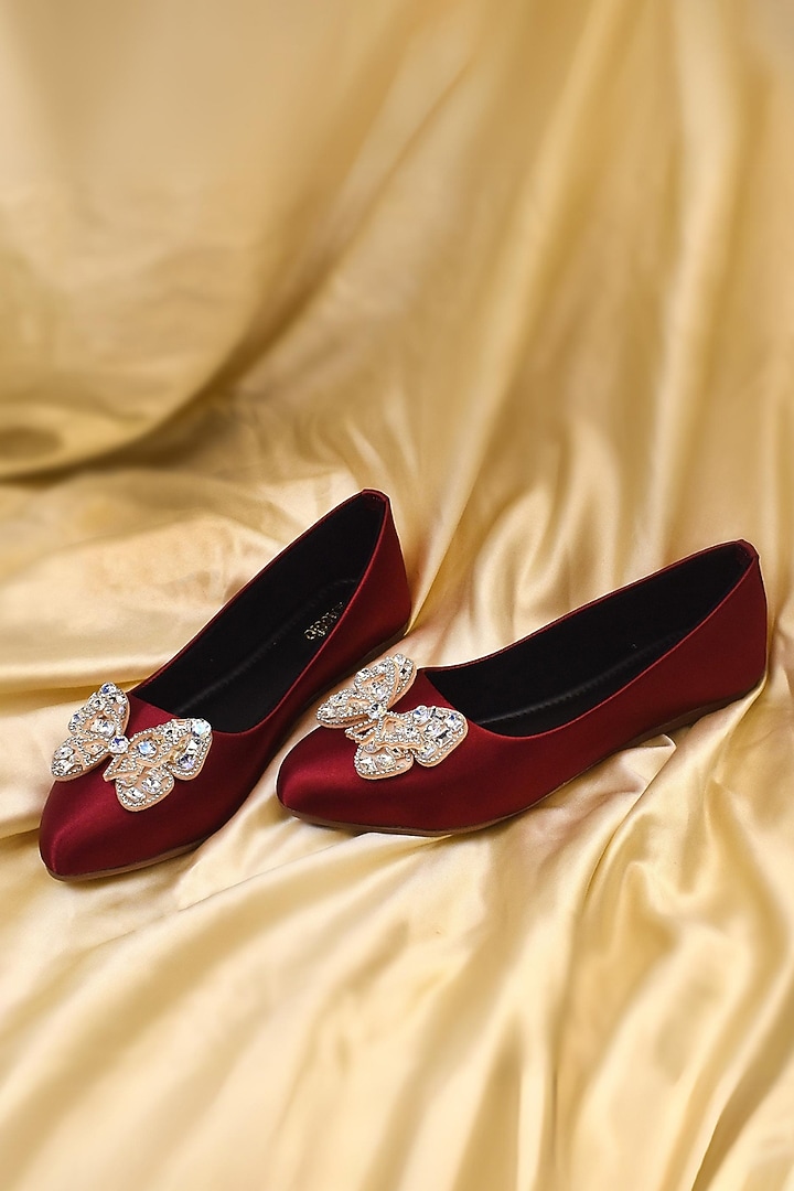 Maroon Satin Synthetic Vegan Leather Embellished Ballerinas by YASSIO at Pernia's Pop Up Shop